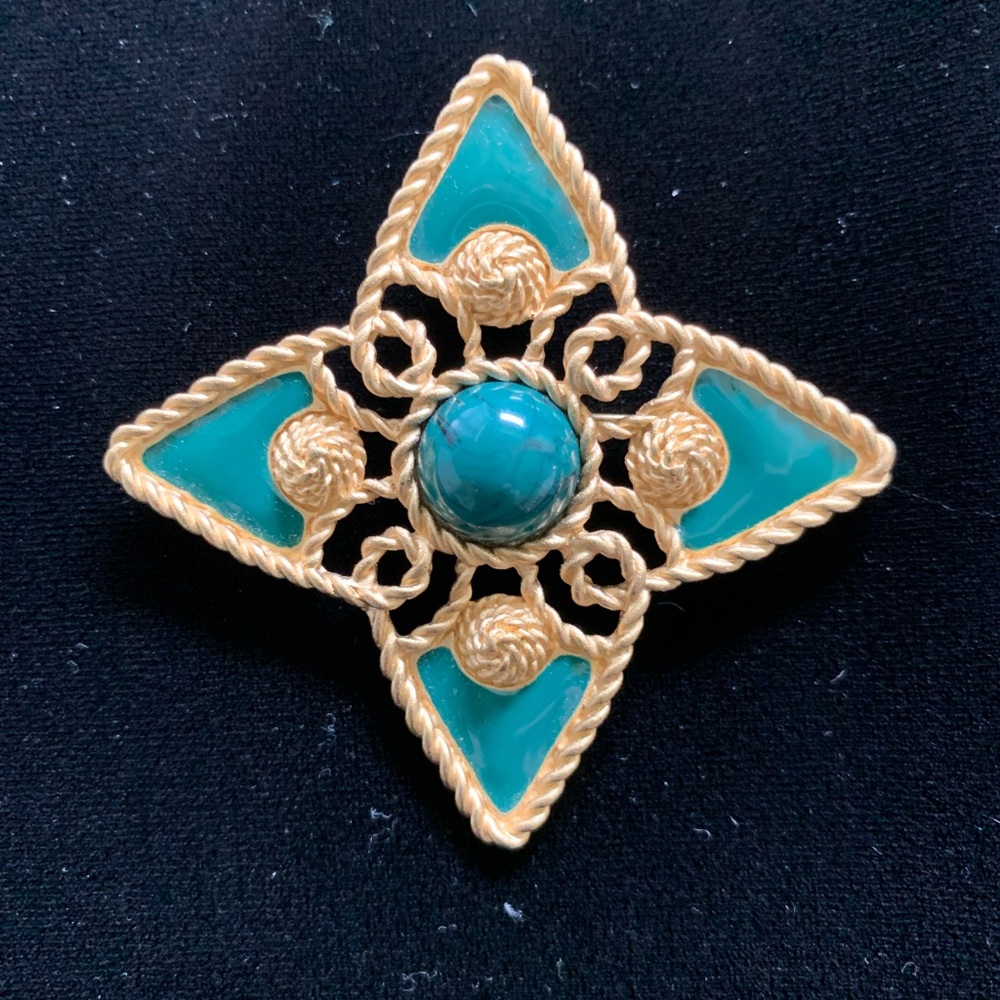 Monet Vintage Gold and Green Brooch with Intricate Design